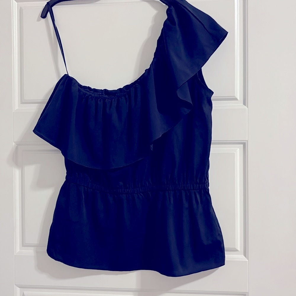 Banana Republic Navy Blue One-Shoulder Ruffle Peplum Top
